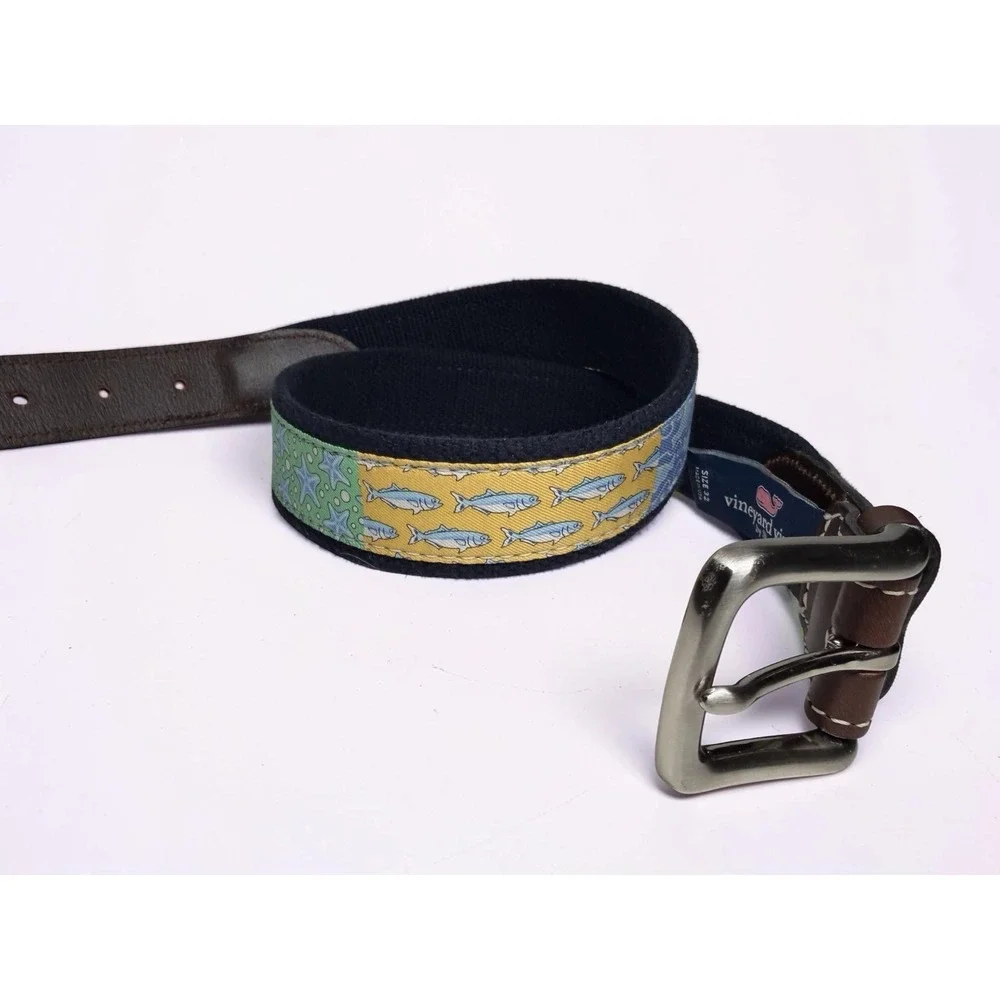 Vineyard Vines Whale Belt Canvas Leather Fish Starfish Anchor Preppy Sz 32 Lk Nw